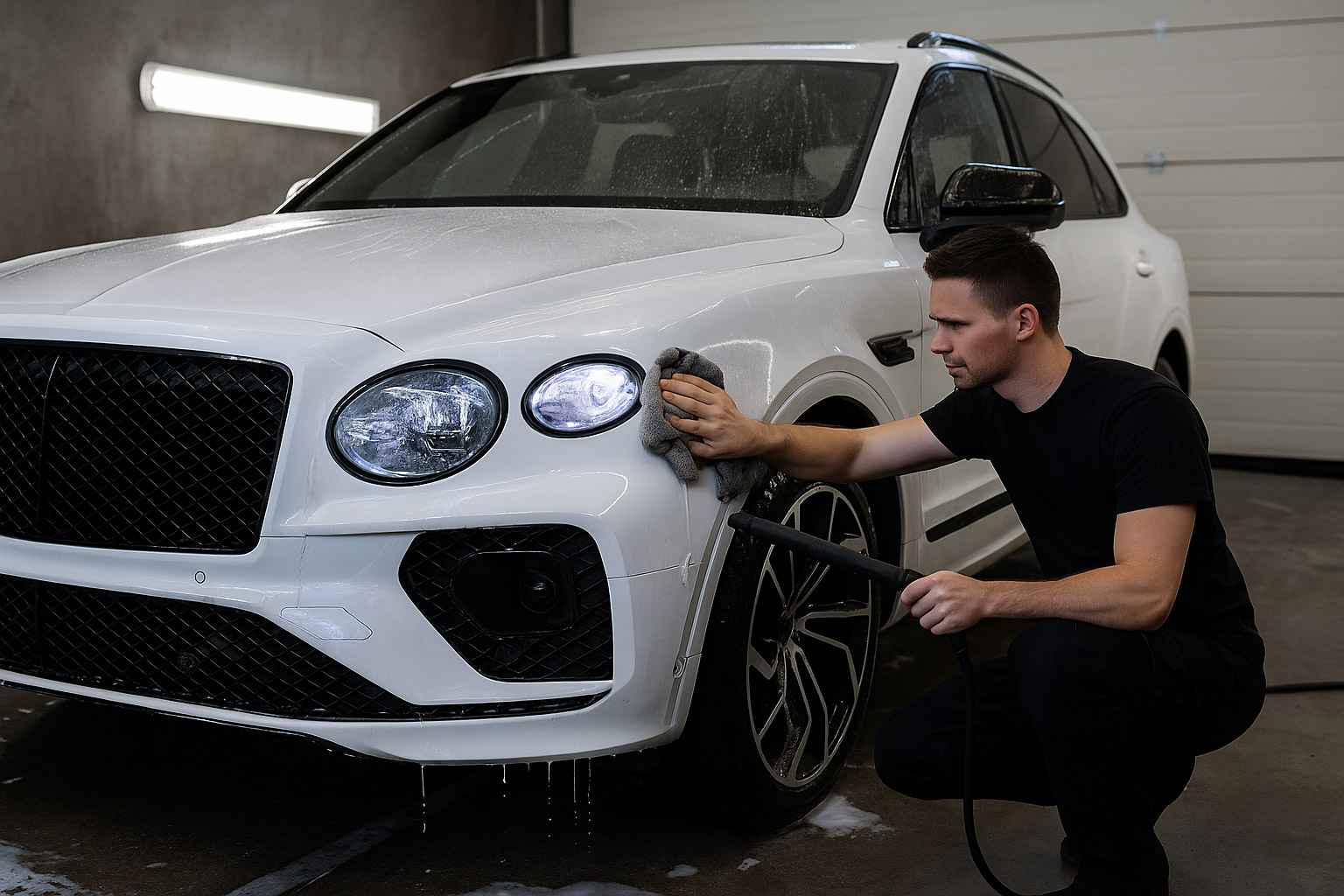Vit SUV i rekondhall hos MTO Bilcenter – professionell bilvård i ren och modern verkstadsmiljö.